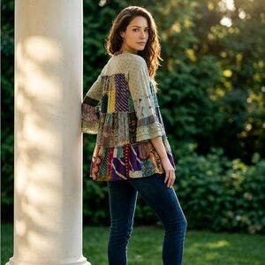 New - POL - Patchwork Tiered Peasant Blouse -